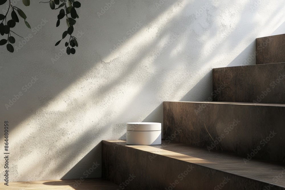 mockup of a cosmetic cream jar on the background of steps, beige, light brown and gold palette, copy space, place for text mockup of a cosmetic cream jar on the background of steps, beige, light brown and gold palette, copy space, place for text