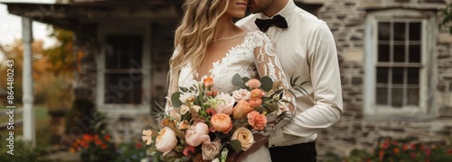 Bride And Groom In A Field At Sunset