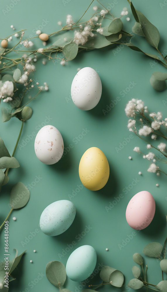 Happy easter concept Easter painted eggs bunny eucalyptus and gypsophila on green table Top view fla Happy easter concept Easter painted eggs bunny eucalyptus and gypsophila on green table Top view fla