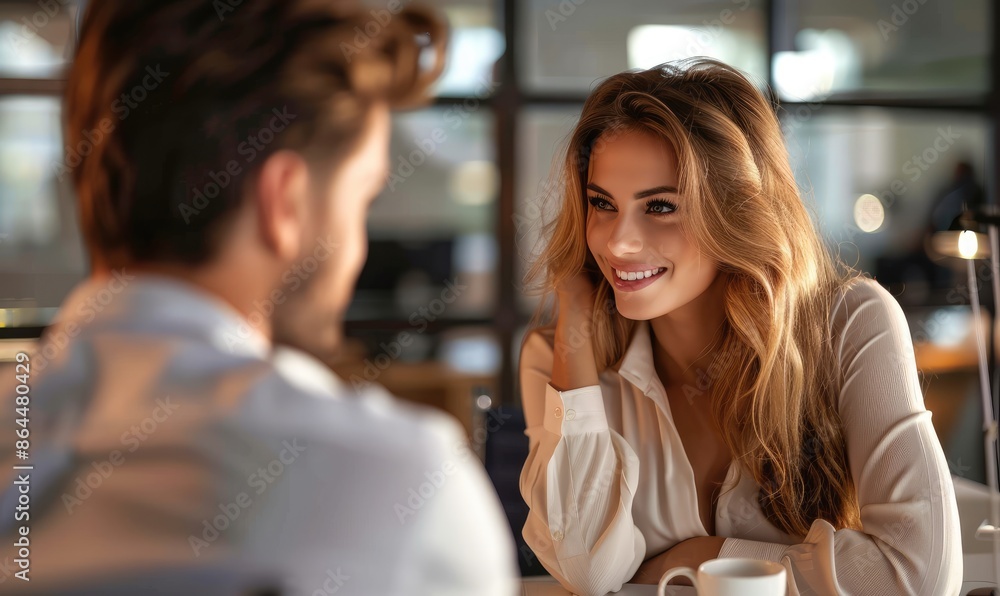 Professional Interaction: Man and Flirtatious Woman Secretary in IT Office Professional Interaction: Man and Flirtatious Woman Secretary in IT Office