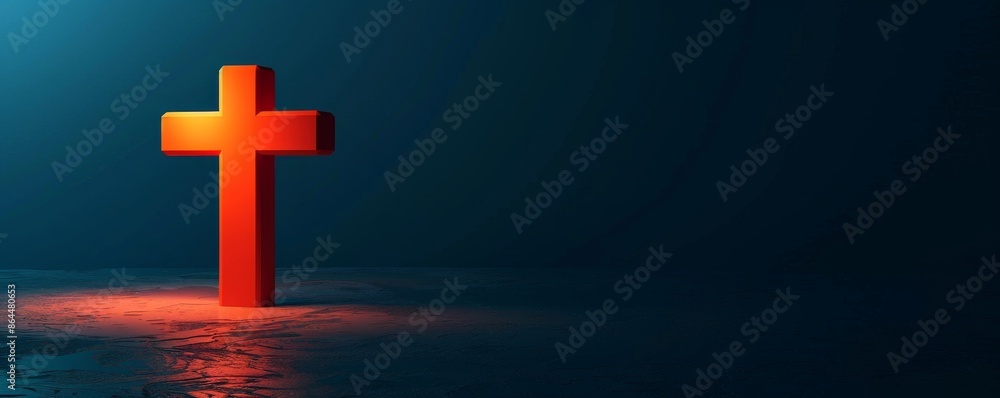 Fototapeta premium Red illuminated cross on dark background with spotlight, religious and spiritual concept
