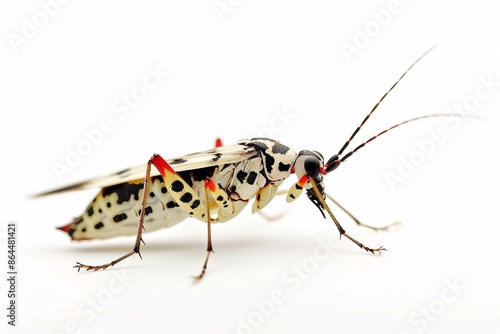 Assassin bug with vibrant red and black markings on a white backdrop photo