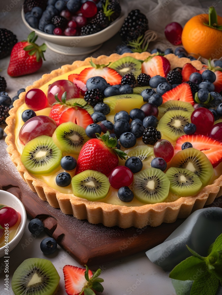 Vibrant Mixed Fruit Tart with Kiwi, Berries, and Peach Glaze. Vibrant Mixed Fruit Tart with Kiwi, Berries, and Peach Glaze.