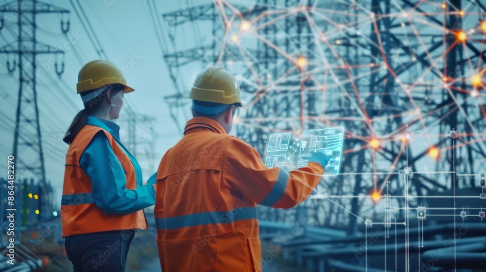 Engineers oversee power grid at twilight via digital connections for efficiency, safety, and reliability Engineers oversee power grid at twilight via digital connections for efficiency, safety, and reliability