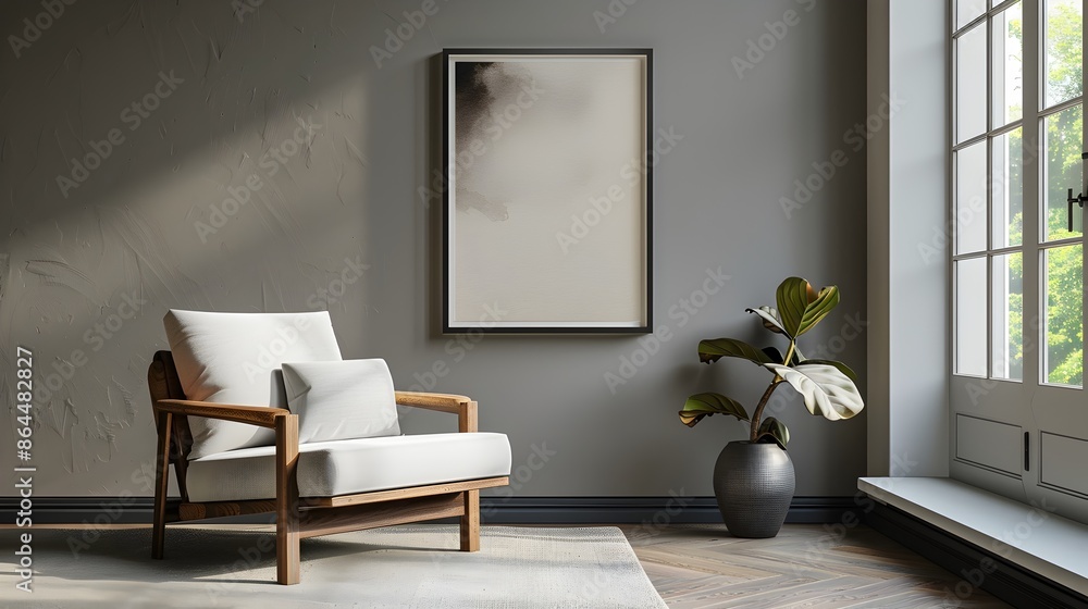 Fototapeta premium Wooden Frame Mockup with Sleek Contemporary Chair 3D Render