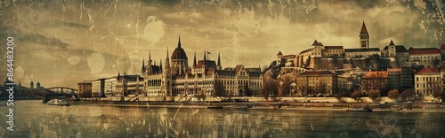 photo collage with an ancient city. Budabest,. Paper texture. AI generated illustration photo