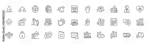 Canister oil, Copyrighter and Waterproof line icons. Pack of Bus tour, Meditation eye, Scroll down icon. Frying pan, Best buyers, Ice cream milkshake pictogram. Luggage insurance. Line icons. Vector