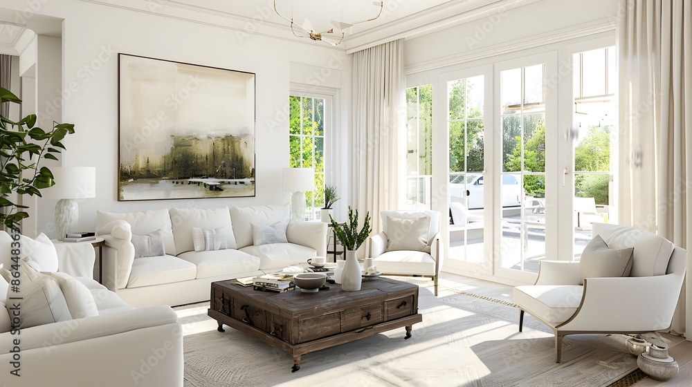 Fototapeta premium Bright and Airy Minimalist Living Room with White Furniture 3D Render