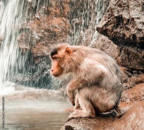 
the pig monkey taking his morning bath