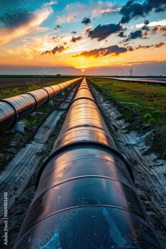 Renewable energy pipeline for clean electricity production in an open field and near mountains.