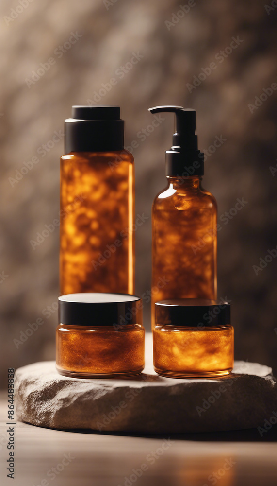 Set of amber glass cosmetic bottles and jar of moisturizer cream on stone and wood podium Natural be Set of amber glass cosmetic bottles and jar of moisturizer cream on stone and wood podium Natural be