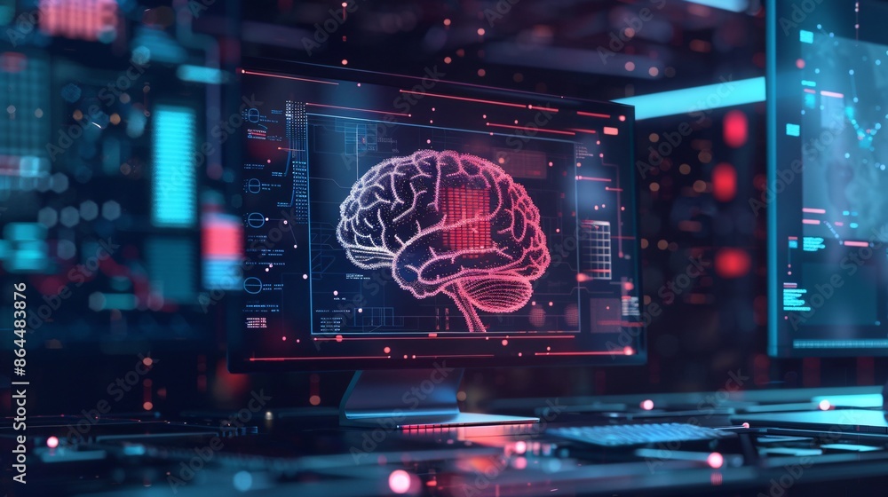 beautiful AI design with a brain on a computer monitor, artificial intelligence technology beautiful AI design with a brain on a computer monitor, artificial intelligence technology