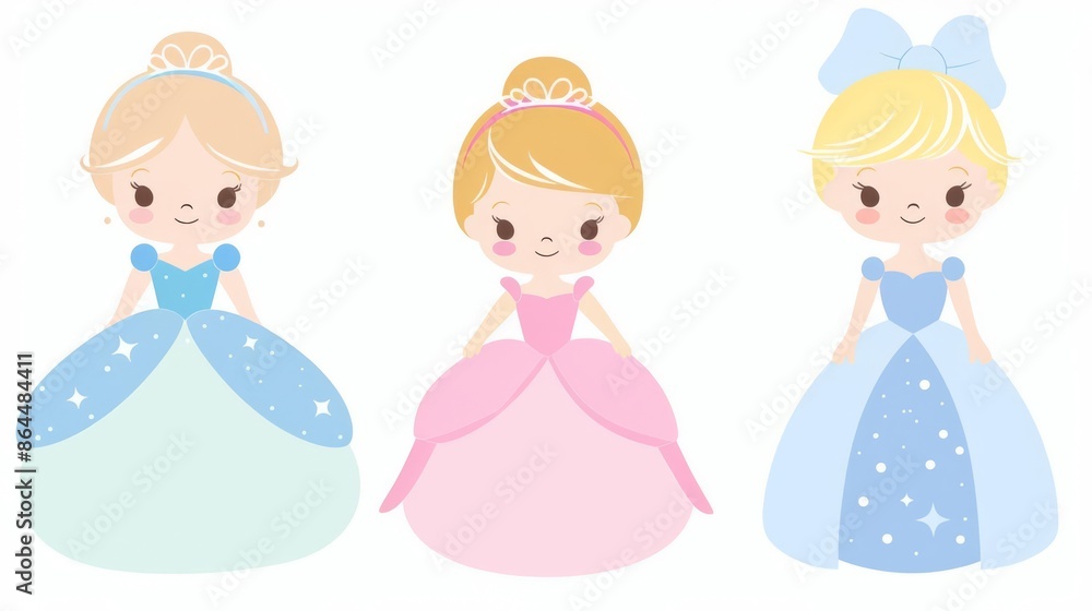 Cute clip art of Cinderella in kawaii style, dressed in pastel colors, designed with no shadows on a white background Cute clip art of Cinderella in kawaii style, dressed in pastel colors, designed with no shadows on a white background