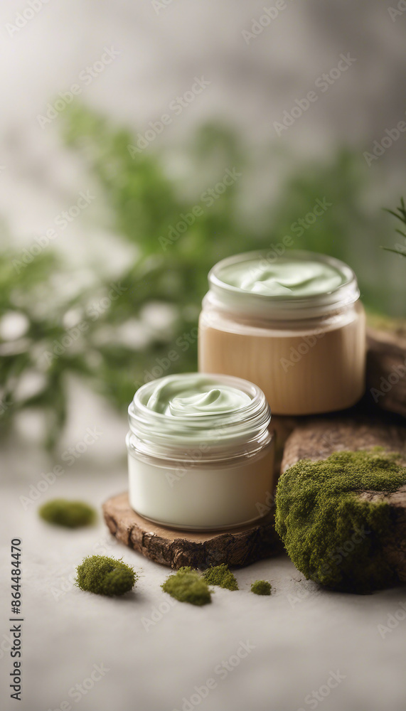 Wooden jars of moisturizer cream with bark of birch wood branch green moss SPA natural organic beaut Wooden jars of moisturizer cream with bark of birch wood branch green moss SPA natural organic beaut