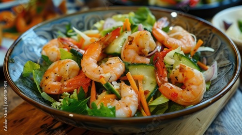 Shrimp salad on wooden table