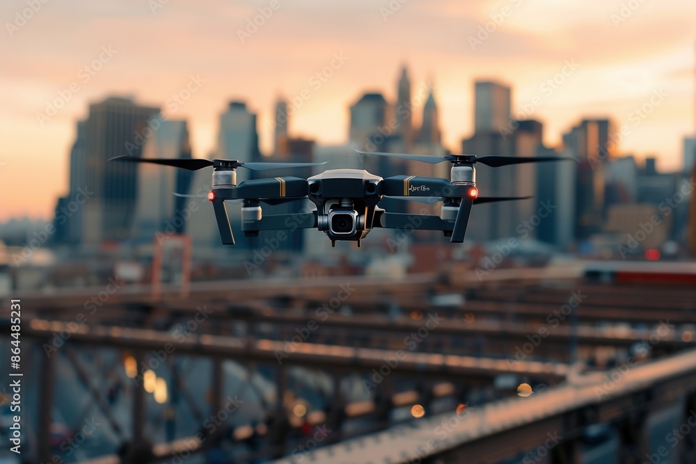 Fototapeta premium A drone captures stunning aerial views of a city skyline at sunset. Generative AI