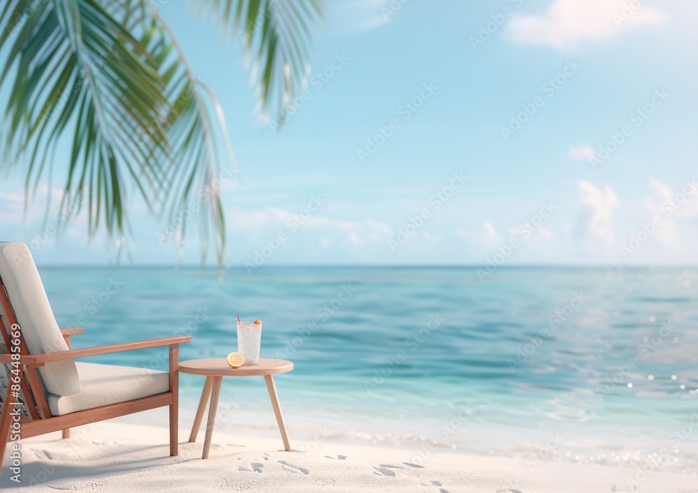 Relaxing Beach Scene with Tropical Drink on Table by the Ocean Relaxing Beach Scene with Tropical Drink on Table by the Ocean