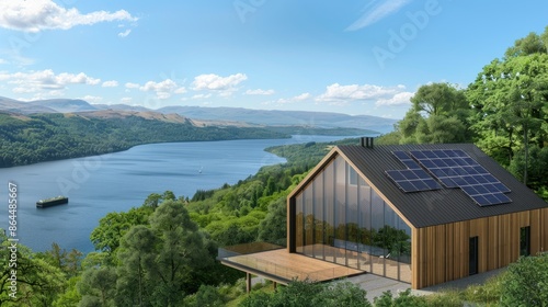 A modern home with large glass windows and wood siding sits on a hilltop overlooking a lake with mountains in the distance. Solar panels cover the roof of the home