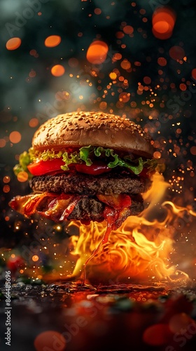 AI generator burger floating in the air, cinematic, food professional photography, studio lighting, modern restaurant background, michellin star, splash fire, advertising photography,intricate details photo