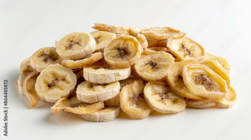 Sliced dried bananas on white background, healthy snack concept Sliced dried bananas on white background, healthy snack concept
