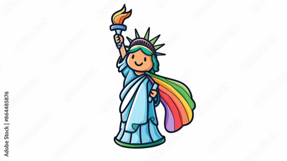 Fototapeta premium Enchanting 2D kawaii toy illustration of the Statue of Liberty from the Cry Baby series, draped in a rainbow cape for LGBTQ pride
