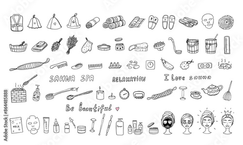 Large set of sauna and spa theme in doodle style. Wellness, relaxation, enjoy, joy, bathhouse. Hand drawn. Great for banner, posters and professional design.