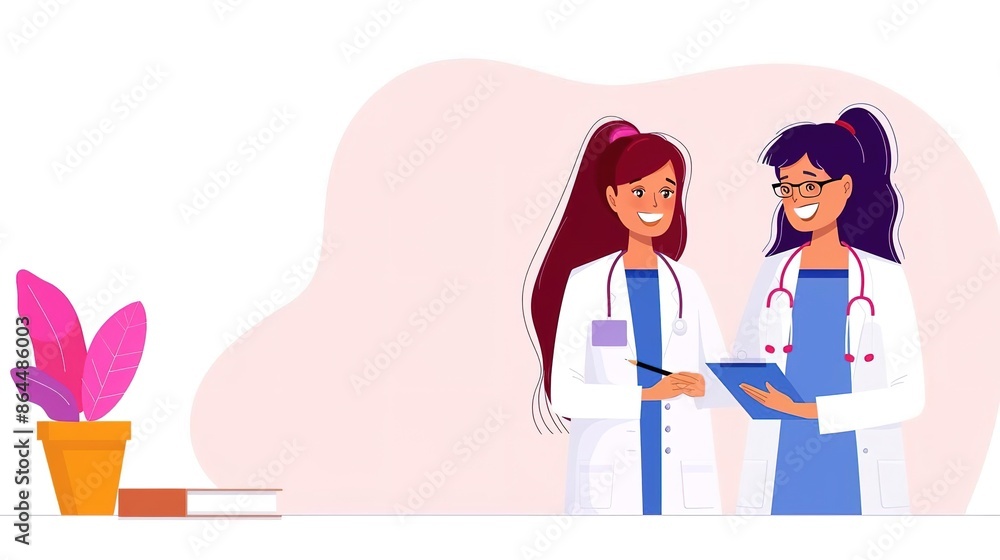 Two female doctors in white coats discussing medical records. Two female doctors in white coats discussing medical records.