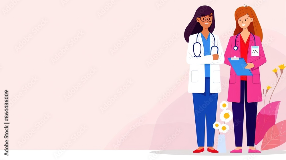 Two female doctors standing together, one with a stethoscope and the other with a clipboard, on a pink background with flowers. Two female doctors standing together, one with a stethoscope and the other with a clipboard, on a pink background with flowers.