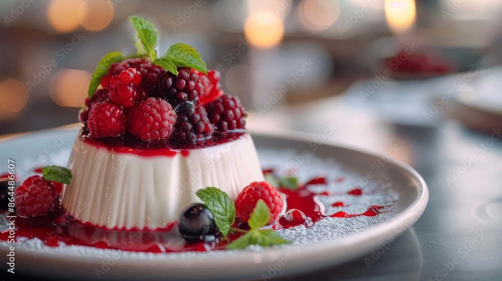 A dessert with raspberries and blueberries atop a pristine white plate against a black table A dessert with raspberries and blueberries atop a pristine white plate against a black table