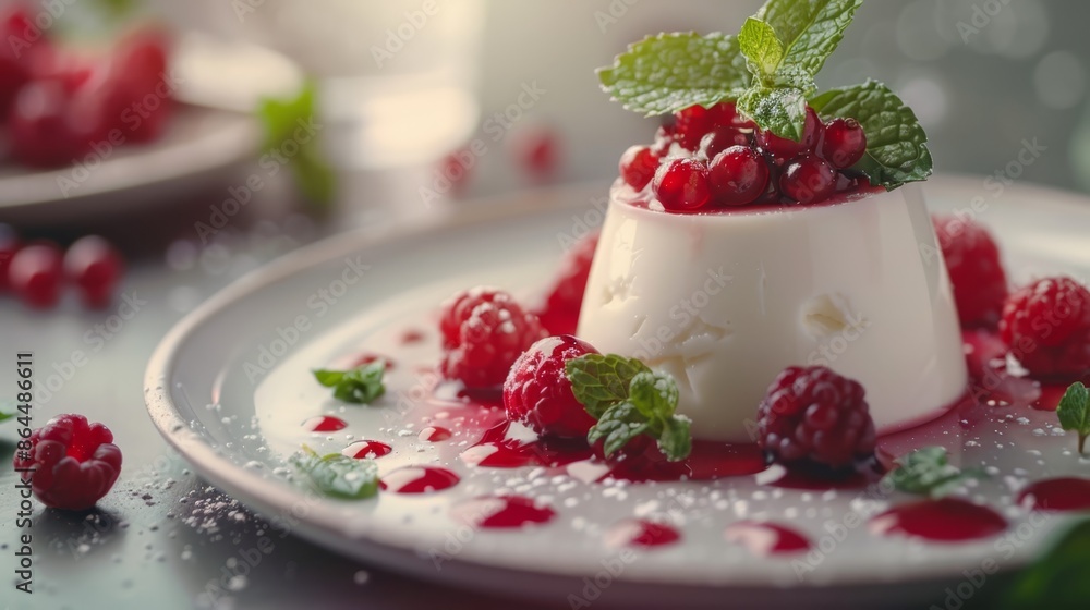 A pristine white plate holds a dessert topped with luscious whipped cream and juicy red raspberries Mint sprigs gracefully adorn the sides A pristine white plate holds a dessert topped with luscious whipped cream and juicy red raspberries Mint sprigs gracefully adorn the sides