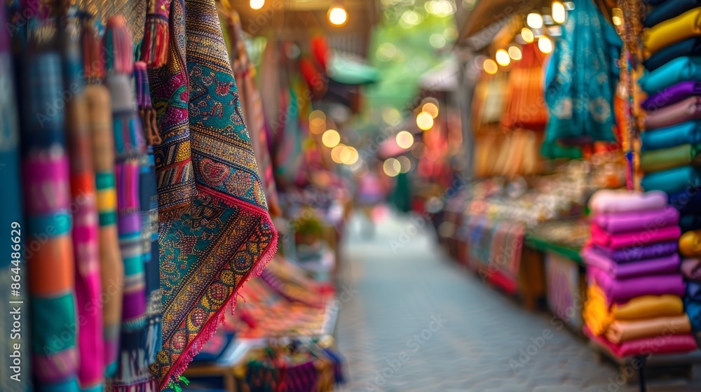 Vibrant marketplace teeming with an array of vivid fabrics on show, interspersed with bustling foot traffic before the shop Vibrant marketplace teeming with an array of vivid fabrics on show, interspersed with bustling foot traffic before the shop