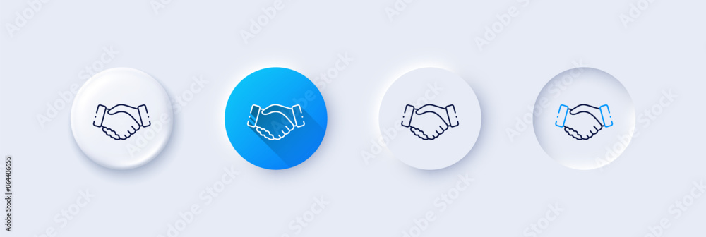 Handshake line icon. Neumorphic, Blue gradient, 3d pin buttons. Hand gesture sign. Business deal palm symbol. Line icons. Neumorphic buttons with outline signs. Vector Handshake line icon. Neumorphic, Blue gradient, 3d pin buttons. Hand gesture sign. Business deal palm symbol. Line icons. Neumorphic buttons with outline signs. Vector