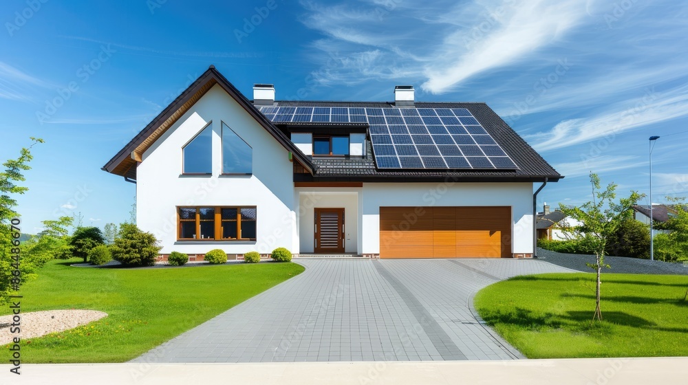 A modern white house with solar panels on the roof, a green lawn, and a paved driveway A modern white house with solar panels on the roof, a green lawn, and a paved driveway