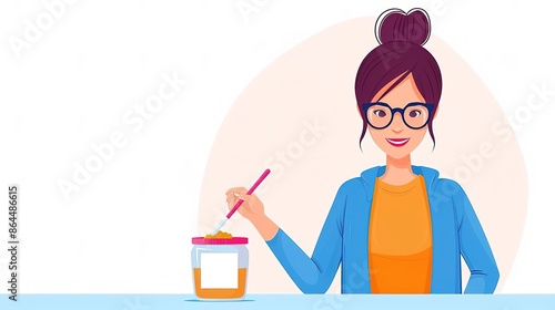 Smiling woman with glasses holding a spoon stirring a jar of honey.