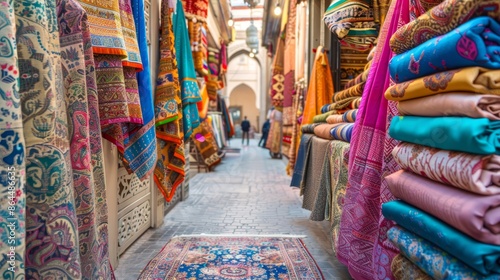  Narrow street dotted with vibrant fabric and rug shops One in the middle displays a carpet and lays out a rug on the floor © Jevjenijs