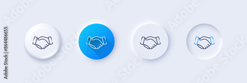 Handshake line icon. Neumorphic, Blue gradient, 3d pin buttons. Hand gesture sign. Business deal palm symbol. Line icons. Neumorphic buttons with outline signs. Vector