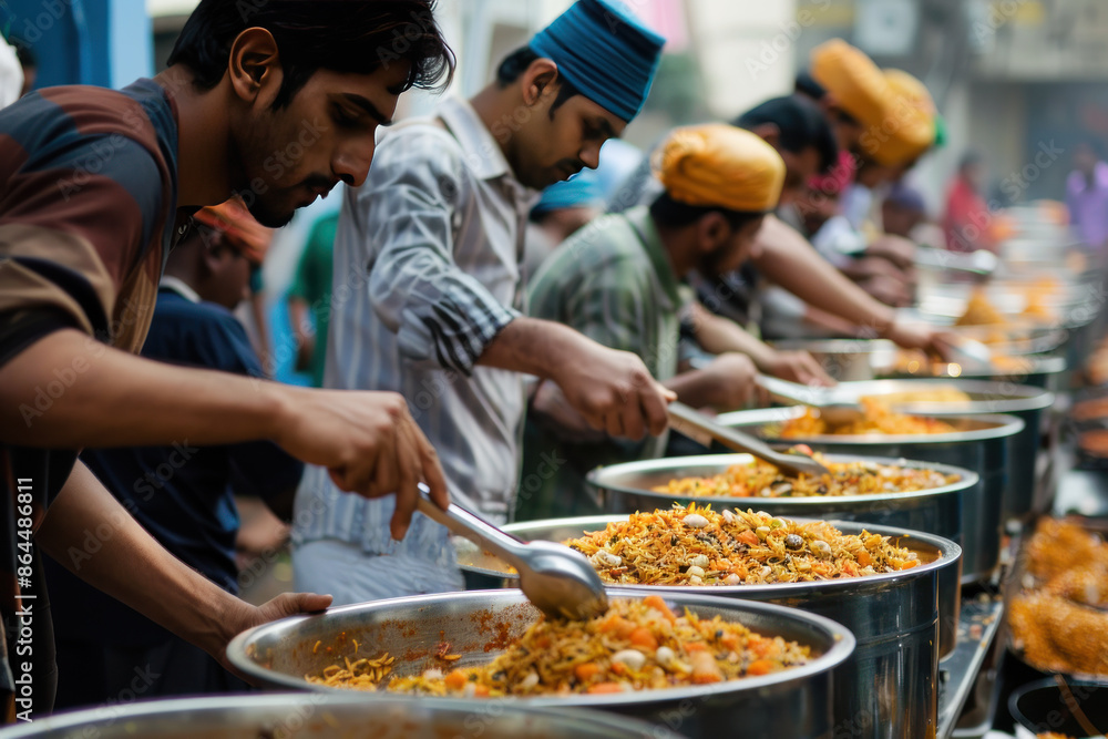 A vibrant street food market scene with multiple large pans filled with colorful dishes. Hands are serving food, indicating a busy and lively atmosphere with people in the background A vibrant street food market scene with multiple large pans filled with colorful dishes. Hands are serving food, indicating a busy and lively atmosphere with people in the background