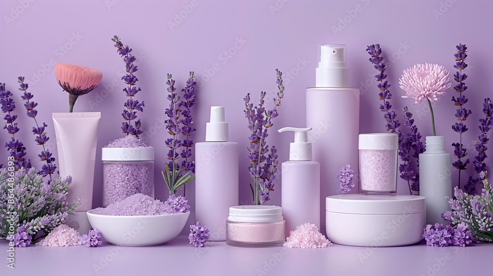 Elegant Lavender-Themed Skincare and Beauty Products Display with Flowers in Background Elegant Lavender-Themed Skincare and Beauty Products Display with Flowers in Background