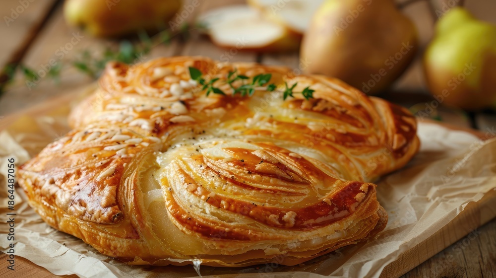 Baked puff pastry with pear and camembert cheese on baking paper on wooden table Baked puff pastry with pear and camembert cheese on baking paper on wooden table