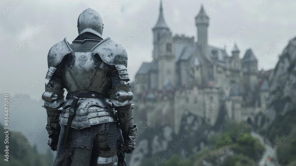 A man in armor stands before a hilltop castle, background comprised of an additional castle A man in armor stands before a hilltop castle, background comprised of an additional castle