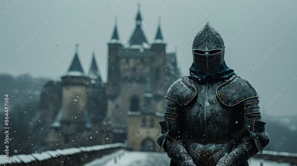 A man in armor stands on a snowy bridge before a castled backdrop, snowfall enveloping scene A man in armor stands on a snowy bridge before a castled backdrop, snowfall enveloping scene