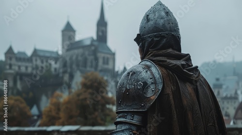  A man in armor, silhouetted against a castle backdrop, stands sentinel amidst the fog Clock tower looms in background