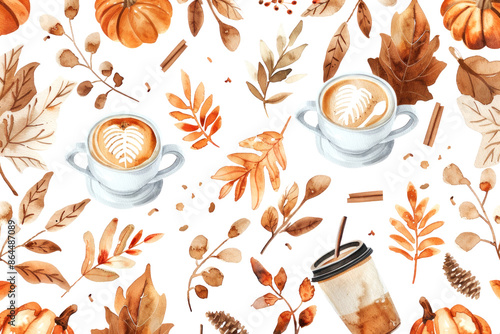 A festive autumn-themed pattern featuring illustrations of pumpkins, coffee cups, and colorful fall leaves. The design showcases the cozy and warm elements of the season on a white background