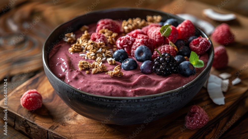 A tight shot of a cutting board showcasing a bowl of berries and granola The vibrant raspberries contrast the earthy granola in this detailed composition A tight shot of a cutting board showcasing a bowl of berries and granola The vibrant raspberries contrast the earthy granola in this detailed composition