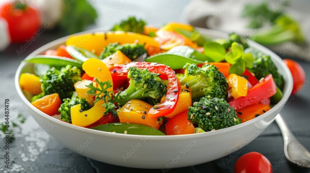 A tight shot of a bowl brimming with broccoli, peppers, tomatoes, and assorted vegetables A tight shot of a bowl brimming with broccoli, peppers, tomatoes, and assorted vegetables