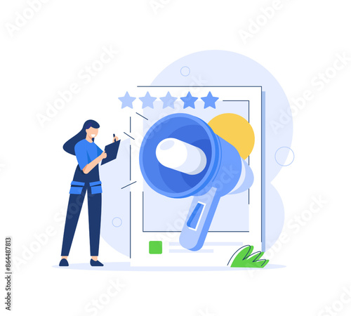 Social media,Characters integrating with social media platform. Followers leaving reaction on posts, giving feedback, likes and writing comments