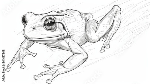  A monochrome drawing of a frog against a white backdrop, featuring a line depiction of the amphibian supporting itself with its hind legs photo