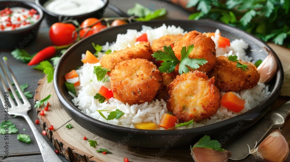 Chicken nuggets with rice and vegetables on wooden table Chicken nuggets with rice and vegetables on wooden table