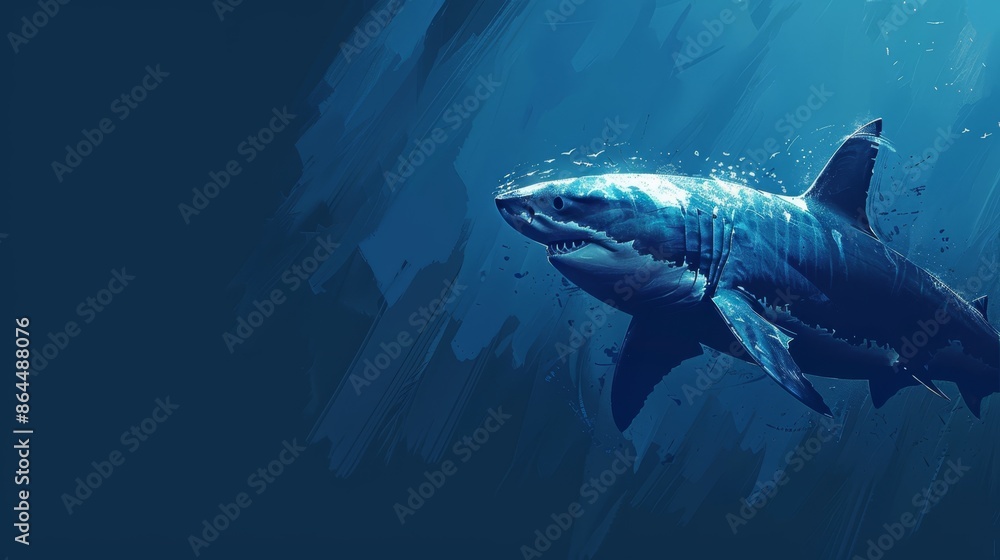 A painting of a great white shark swimming in the ocean with an open mouth, displaying its teeth A painting of a great white shark swimming in the ocean with an open mouth, displaying its teeth