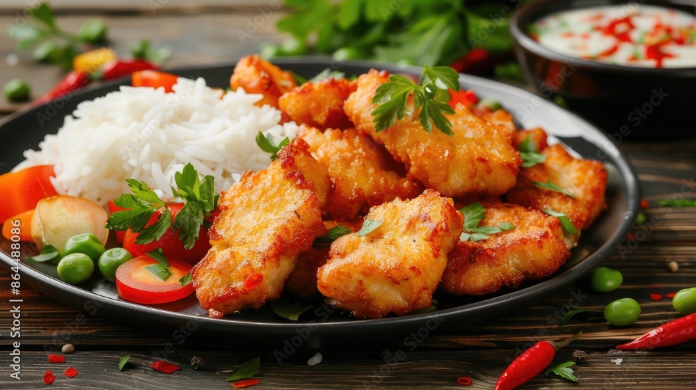 Fototapeta premium Chicken nuggets with rice and vegetables on wooden table